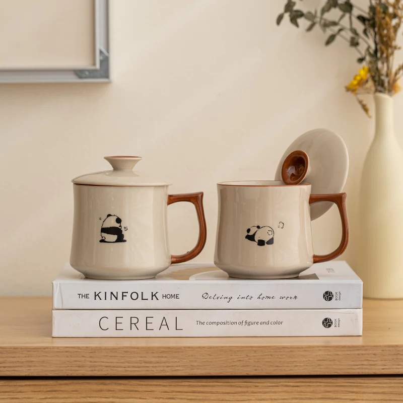 Chinese Style Ceramic Hand Drawn panda Patterns Tea Mugs, Home Personal Creative With Cover, Milk, Water, Coffee Cup, 360ml, 1Pc