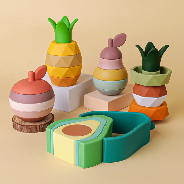 1Set Soft Building Blocks Silicone Stacking Blocks Baby Toys Apple Pineapple Avocado Pear Silicone Building Toys Montessori Toys 1