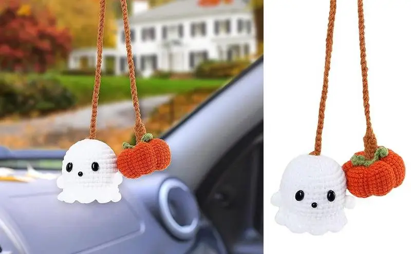 

Ghost And Pumpkin Car Decor Crochet Halloween Decorations For Car Cute Car Accessories For Women Car Mirror Hang Accessories