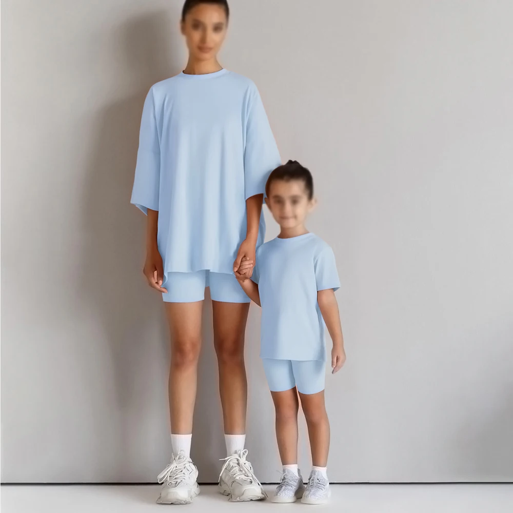 2026 Family Matching Mother Daughter Summer Sets Solid Cotton Lounge Suit For Outfits Clothes Boys Girls Sports Leggings - 2