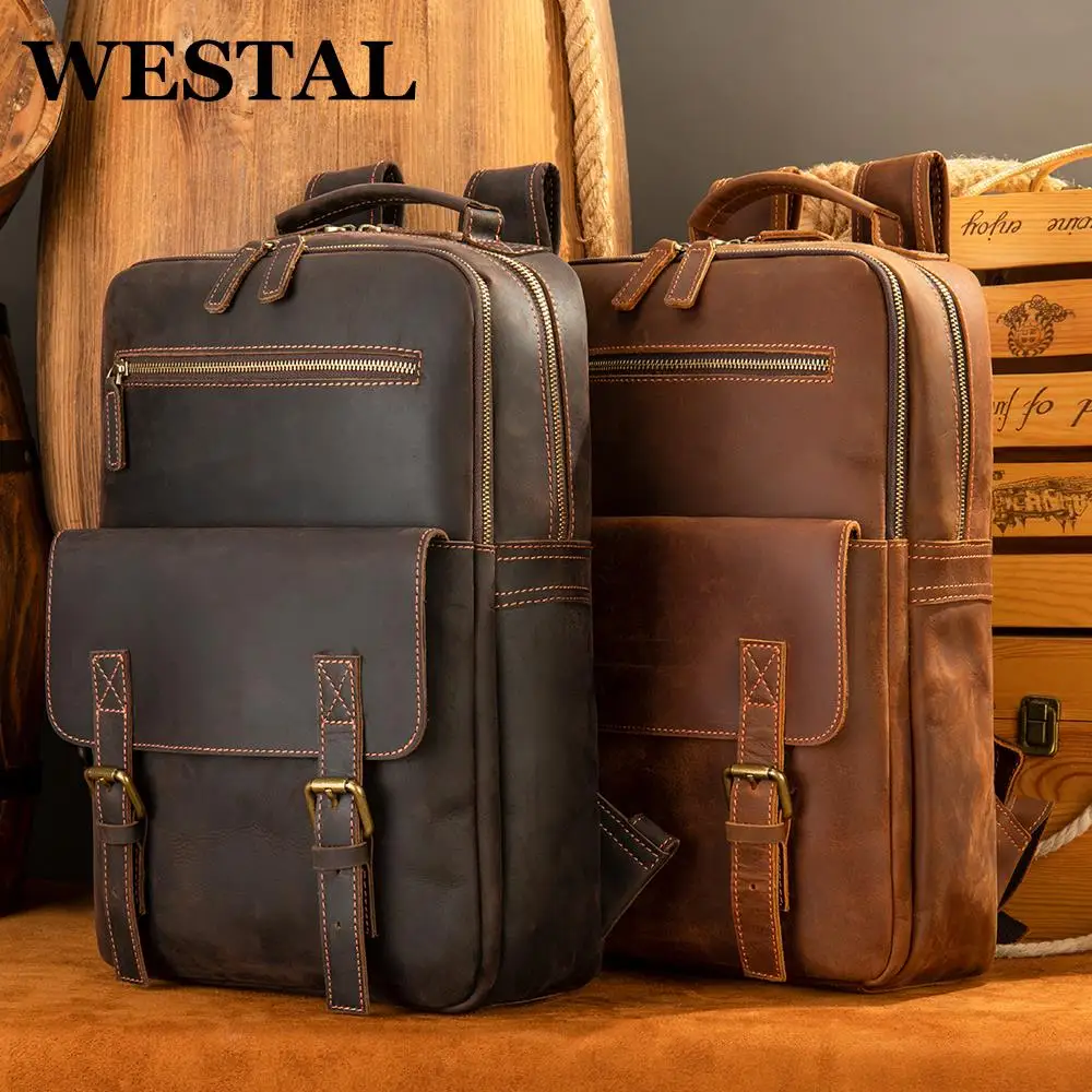 

WESTAL Men’s Leather Backpacks Crazy Horse Leather Man Backpack Male School Bag For 15" Laptop Retro Business Daypacks