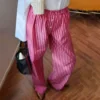 Combhasaki Women's Y2K Retro Vintage Casual Striped/Solid Long Pants Button Elastic High Waist Aesthetic Loose Straight Trousers 1