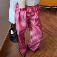 Combhasaki Women's Y2K Retro Vintage Casual Striped/Solid Long Pants Button Elastic High Waist Aesthetic Loose Straight Trousers 1