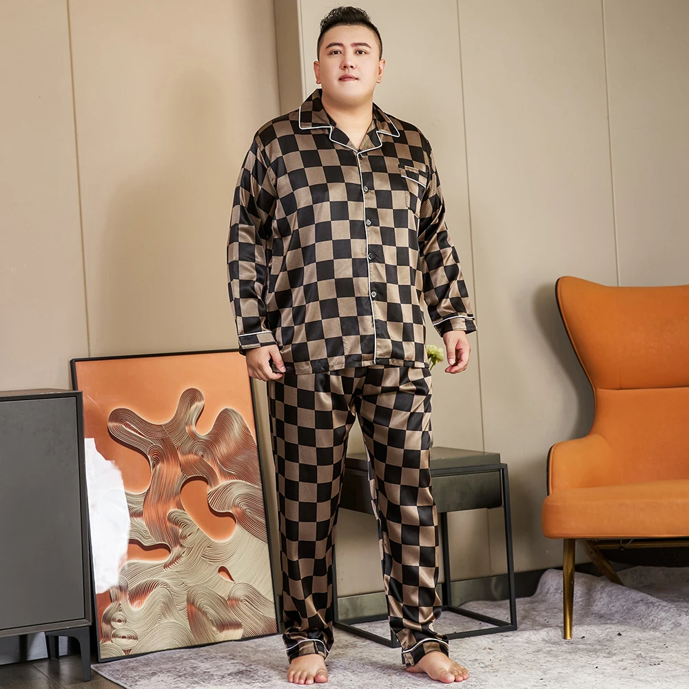 3xl-5xl Plus Size 150kg Graphics Silk Pajamas for Men Autumn Spring New  Long Sleeve Singer Breast Top and Pants Sleepwear Pjs