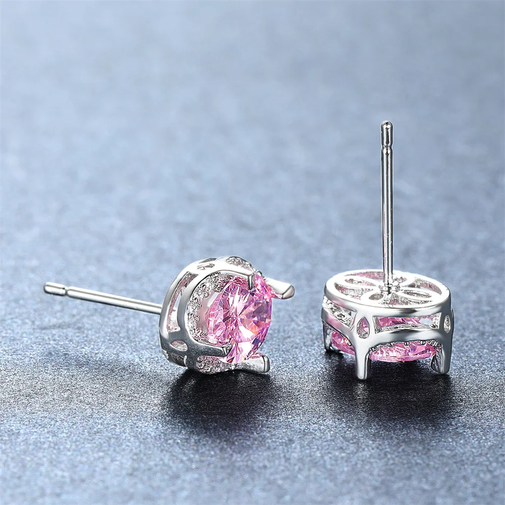 Elegant Pink Crystal Oval Stone Stud Earrings For Women Vintage Silver Color Wedding Earring Versatile Jewelry Gifts