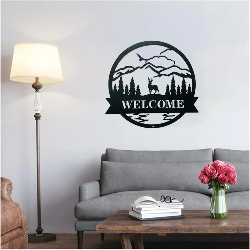 

Добро пожаловать, Настенный декор, силуэт, круглые металлические настенные украшения, лужайка, олень, дерево, искусство, для гостиной, фон, домашний декор