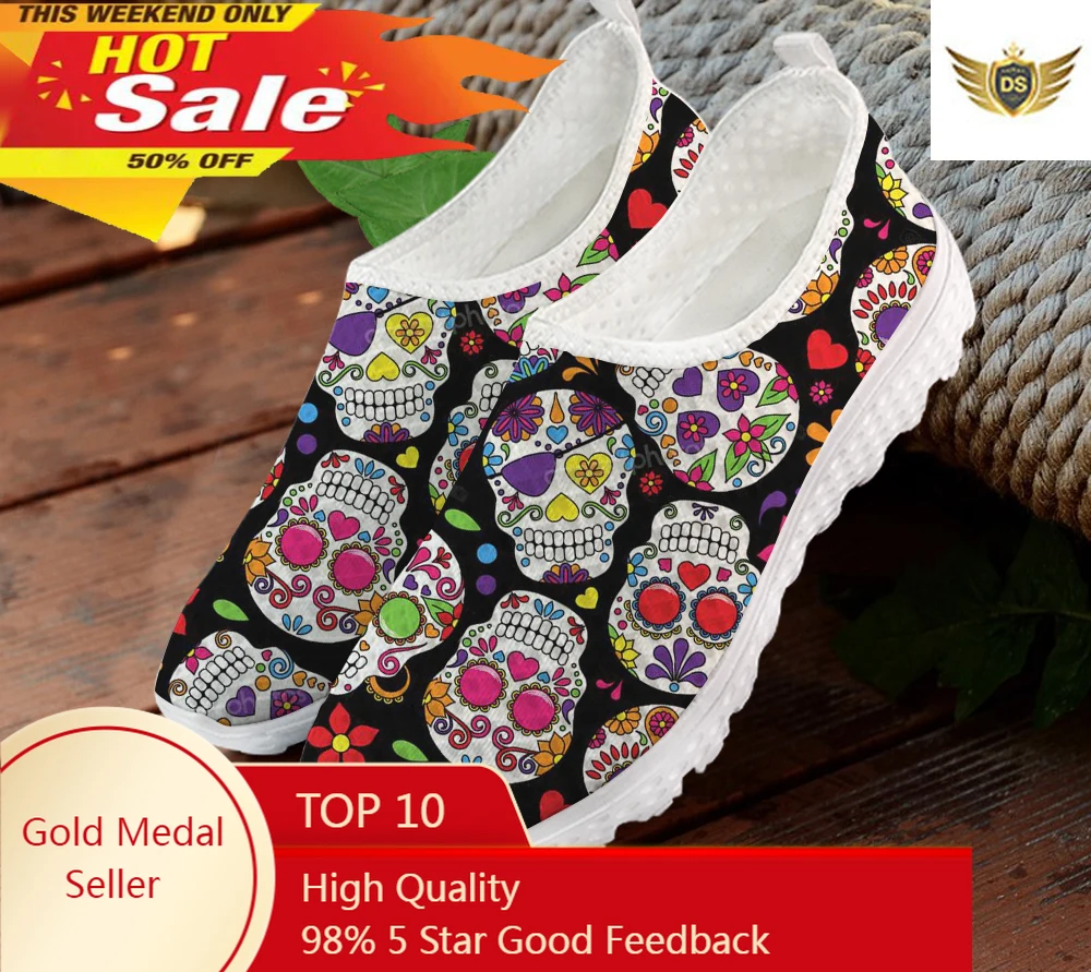 

New Casual Flats Sneakers Gothic Style Colorful Sugar Skull Printing Women Outdoor Workout Footwear Comfort Shoes
