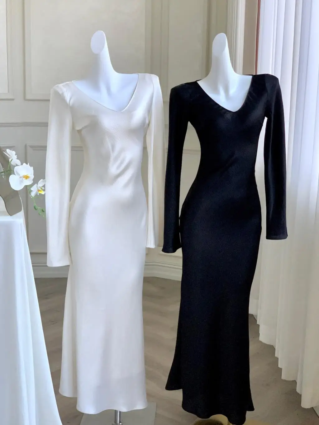 Vestidos largos de satén de otoño para mujer, vestido de fiesta de noche para boda, vestido de graduación, vestido de sirena de una pieza con cuello en V y mangas largas