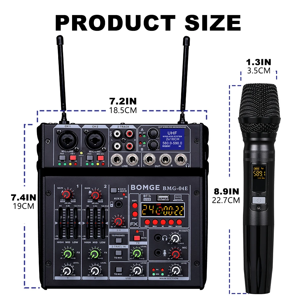 BOMGE 04E karaoke Audio mixer 4 Channel Sound Mixer With Dual UHF Wireless Mic DJ Mixing for Party Computer Studio Recording audio mixer audio interface
