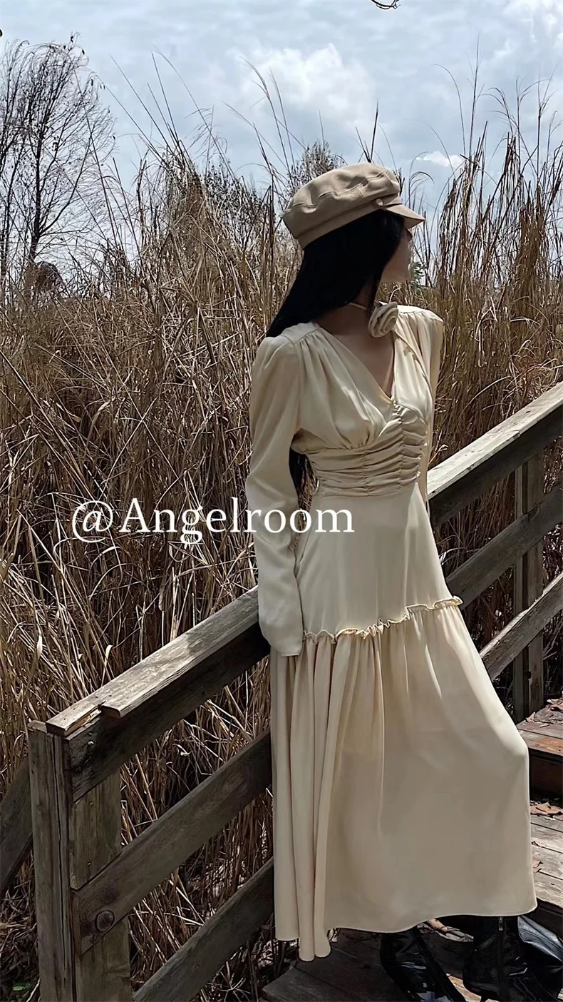 Autumn Satin Midi Dresses for Women Long Sleeve V-neck Folds Design A-line Korean Fashion Office Lady One Piece Vestidos New