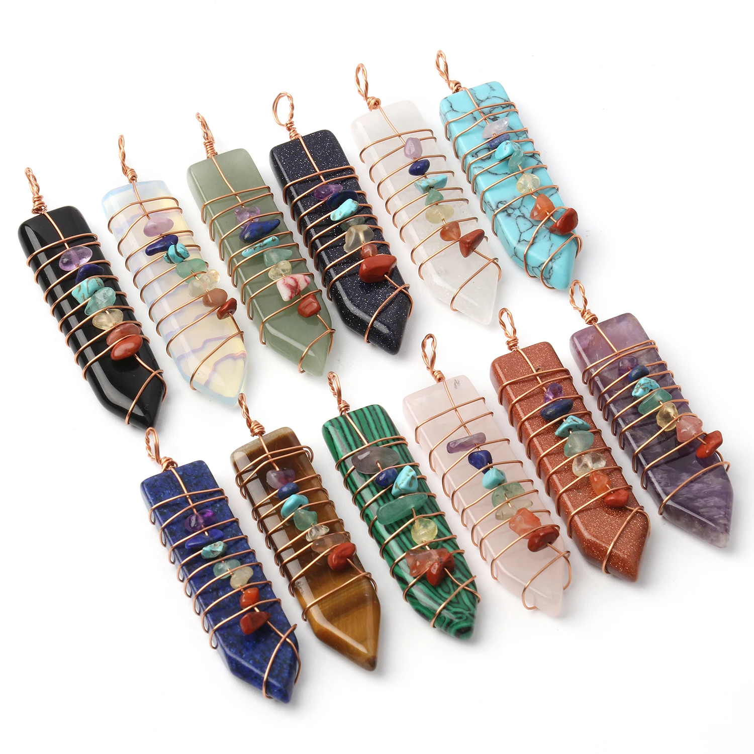 

Natural Stone Amethyst Opal Pendant Wire Winding Sword With Chain Jewelry Display Box Charms Set Jewelry Making DIY Necklace