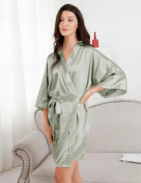 Robe de chambre courte et douce pour femme, en soie, couleur unie, pour mariée, demoiselle d'honneur, tenue de matin, pour fête de mariage, été