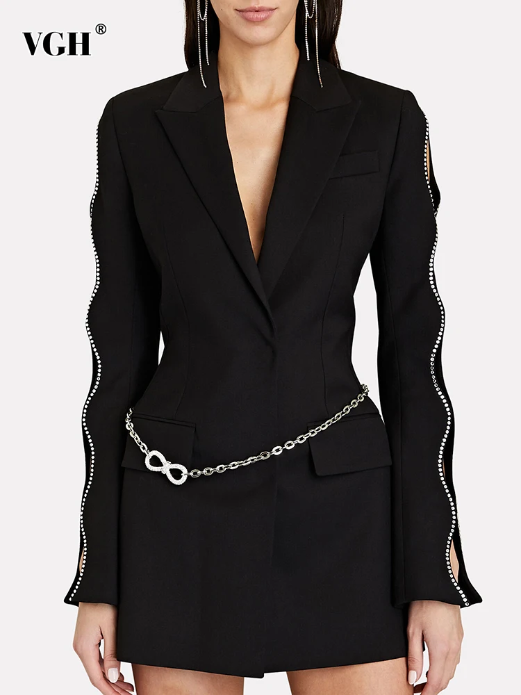 

VGH Solid Spliced Chain Blazer For Women Notched Collar Long Sleeve Tunic Patchwork Diamonds Temperament Blazers Female Fashion