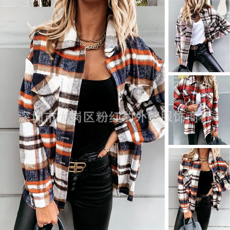

2022 Autumn Long Sleeve Big Pocket Loose Women's Plaid Shirt Medium Long Coat