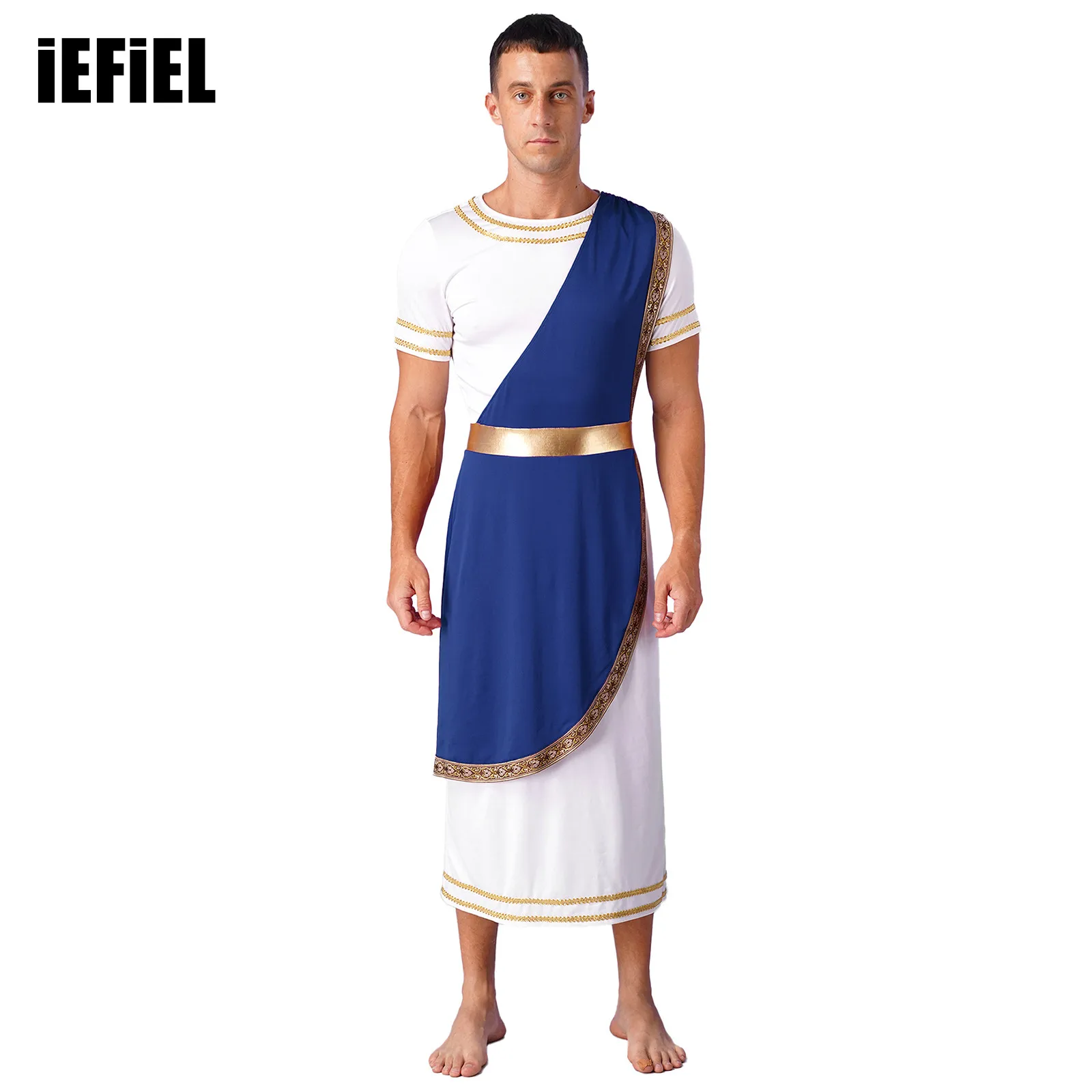 

Mens Halloween Ancient Greek Toga Dress Up Short Sleeve Costumes Retro Gold Decoration Cosplay Roman Robe