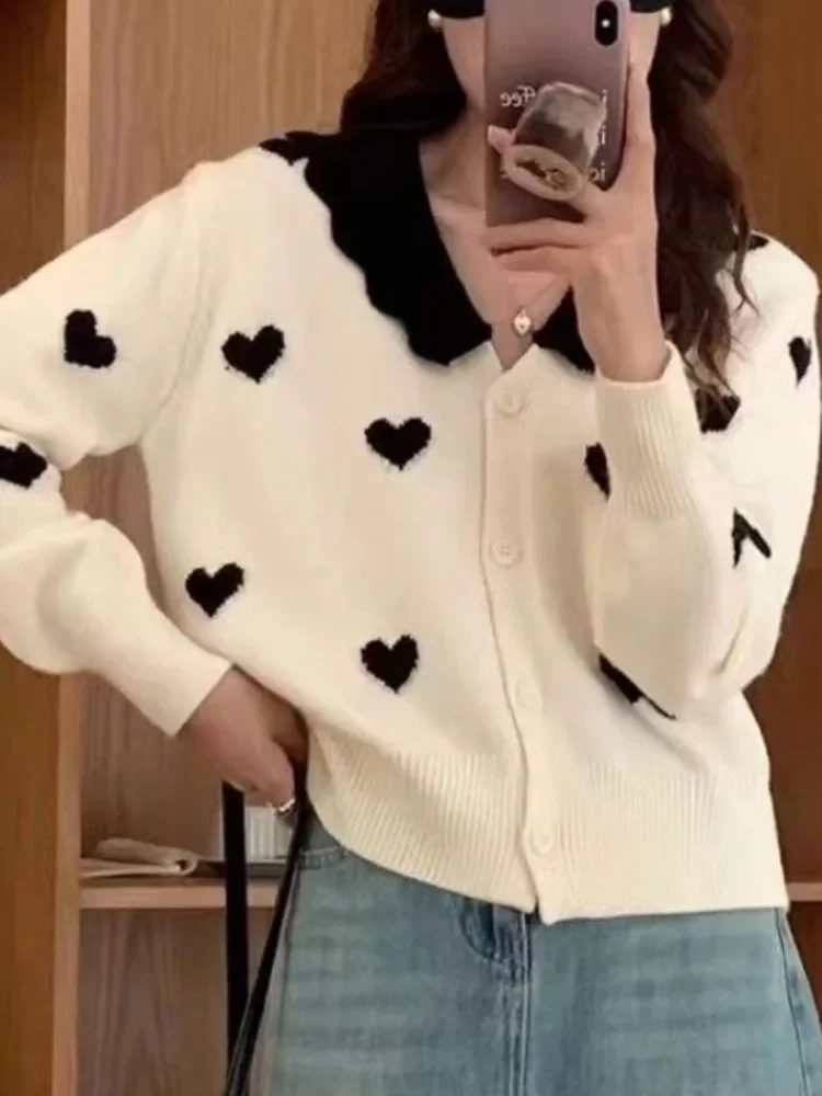 

Korean Single Breasted Cardigan Y2K Fashion Sweaters Woman Sweater Love Jacquard Cute Tops 2023 Women Autumn Patchwork Clothing