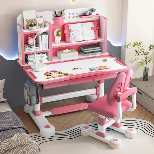 Children Study Table Chair Set with Sitting Corrector Height Adjustable Kids Study Desk Chair Set with Book Stand Foot Pedal