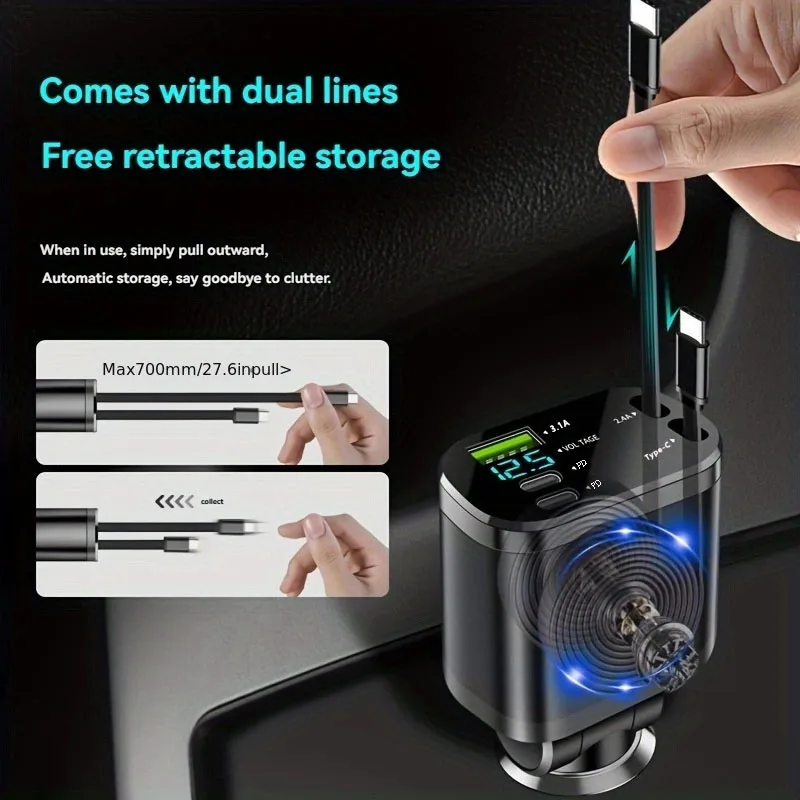 Car Charger, Car Charger with Retractable Cable, Car Pd, Car Fast Charging, Super Fast Charging, Flash Charging