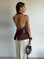 Haut Halter en Similicuir à Franges et Patchwork pour Femme, Débardeur Chic Sans Manches et Dos Nu, Collection Printemps-Été 2026 5