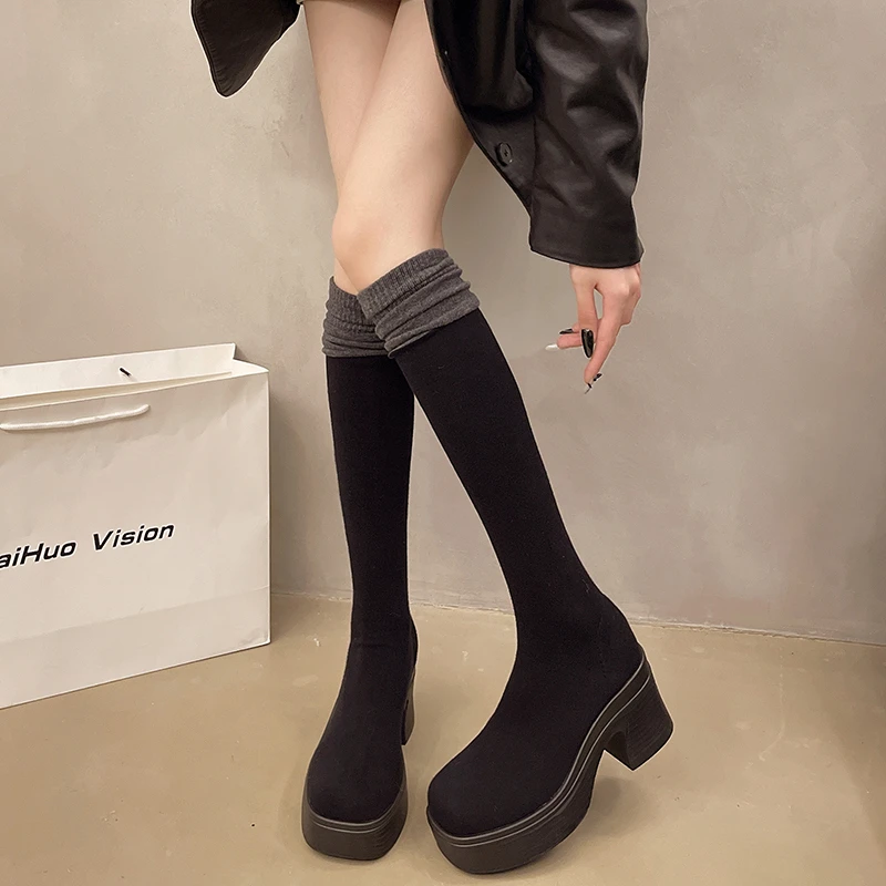 Aphixta Soft Fabric Women Knee Boots 8cm Square Heel Women Black Shoes Fashion Round Toe Modern Boots for Women Size 42