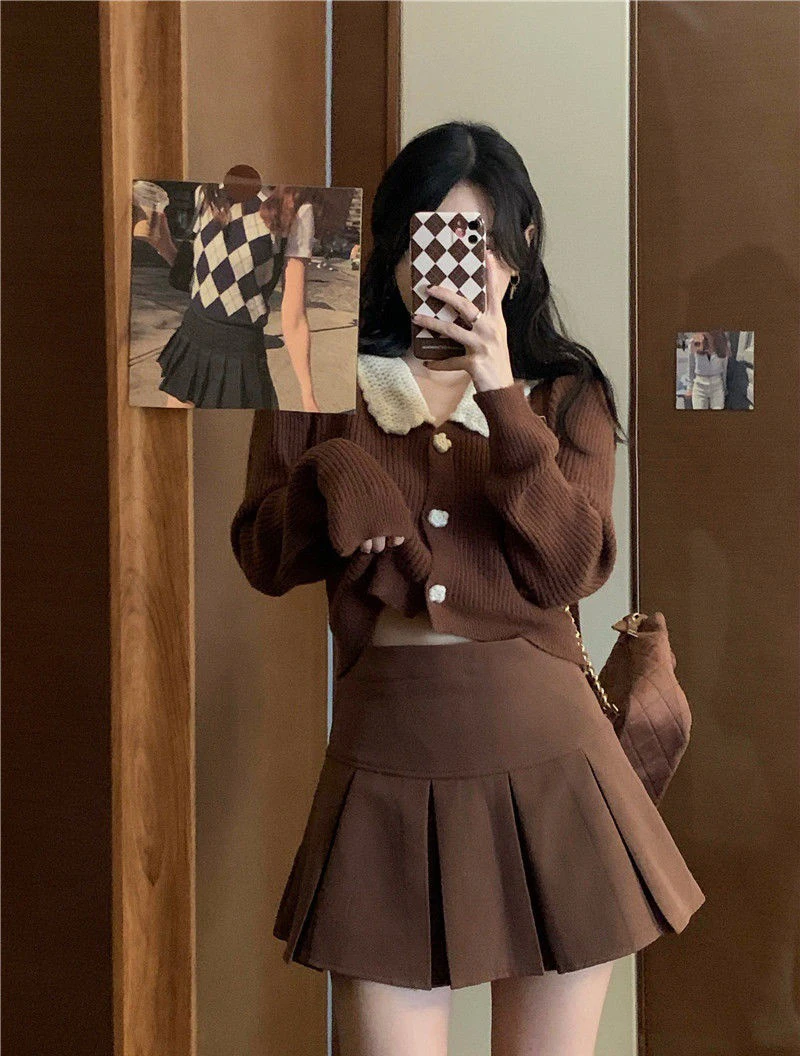 long camisole Korean Fashion Pleated Skirt Autumn Vintage Women Clothing Folds Mini High Waisted Skirt Preppy Style Brown y2k Woman Clothes womens cami