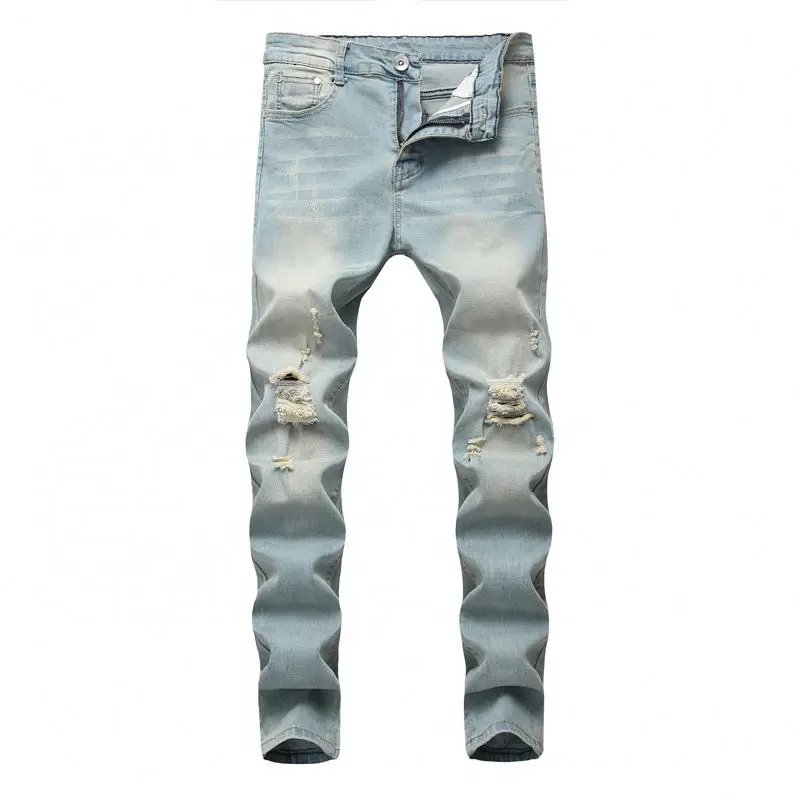 Blue Stylish Knee Ripped Slim Fit Distressed Stock Jeans Pant Plus Sizes Denim Men Clothes Jeans Men