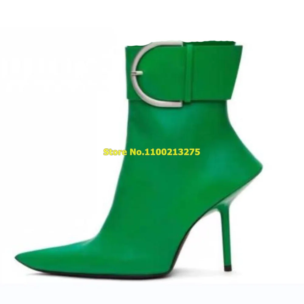 

Leather Green Ankle Booties Solid Ankle Metal Buckle Pointed Toe Thin High Heel Runway Women Fashion Boots 2022 New Arrivals