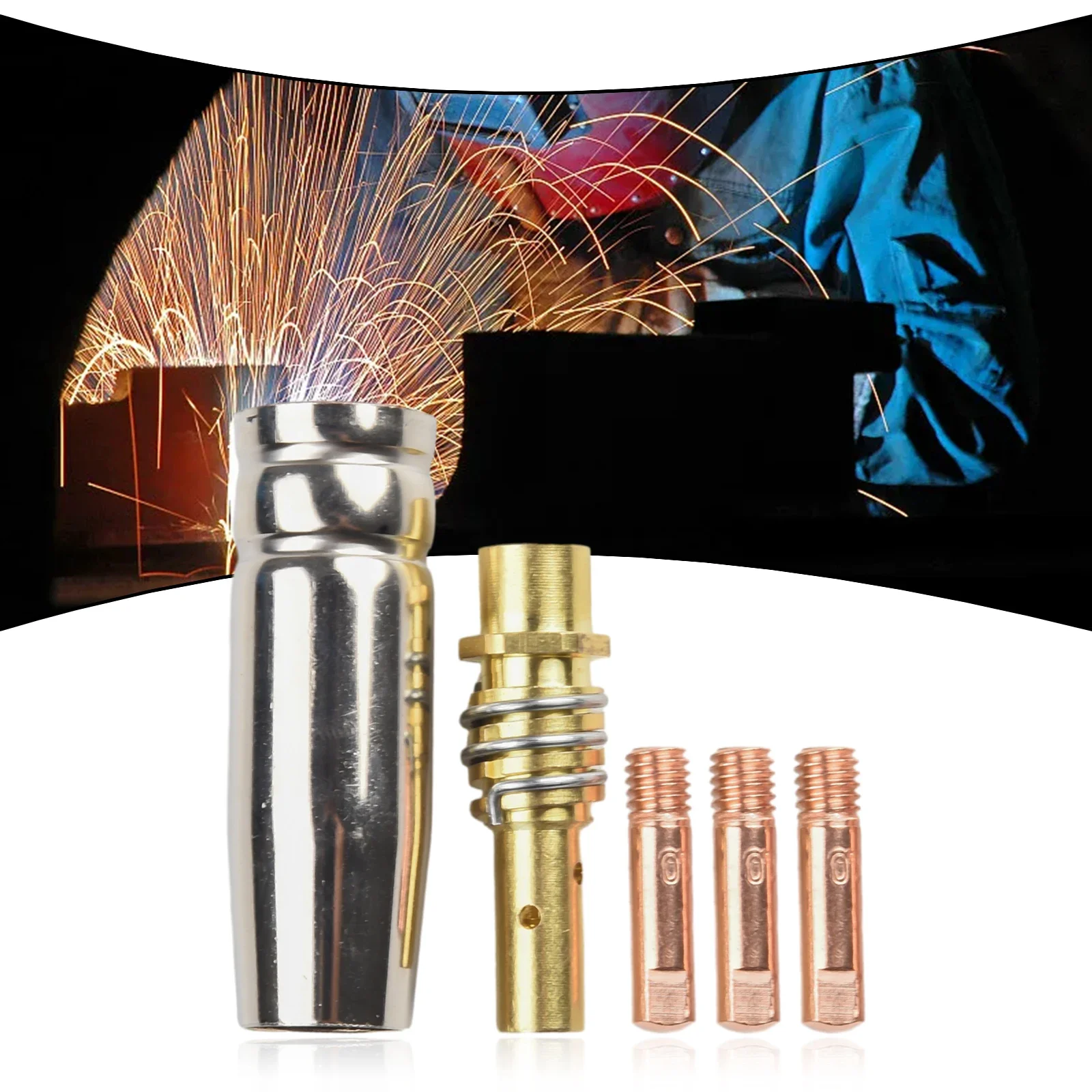 

Hot New 5pcs Guard Nozzle Contact Tip Consumables Holder Conductive Tip 0.8/0.9/1.0/1.2mm MIG Welding MB15 15AK Tool Part