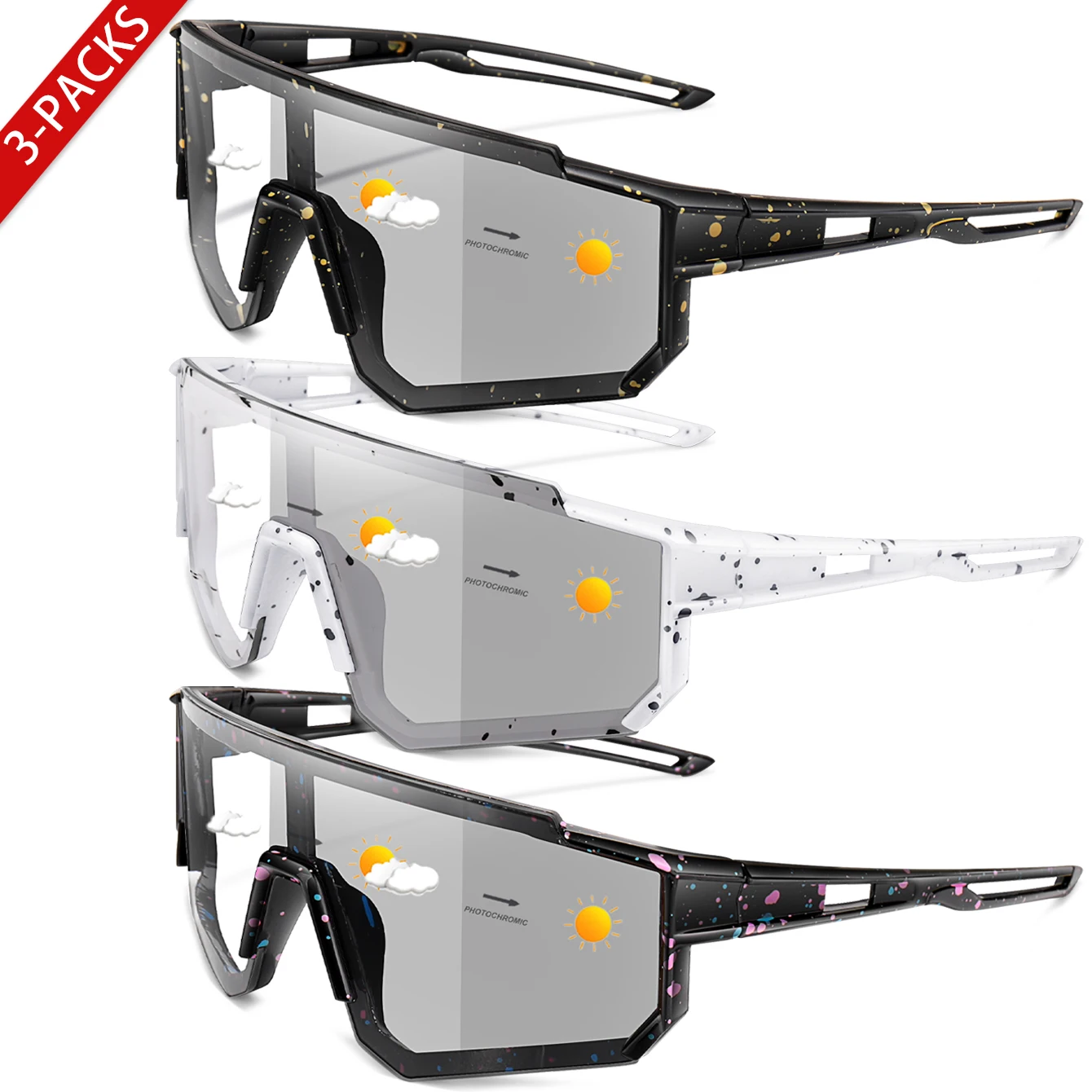 3 Packs Photochromic Cycling Sunglasses Unisex