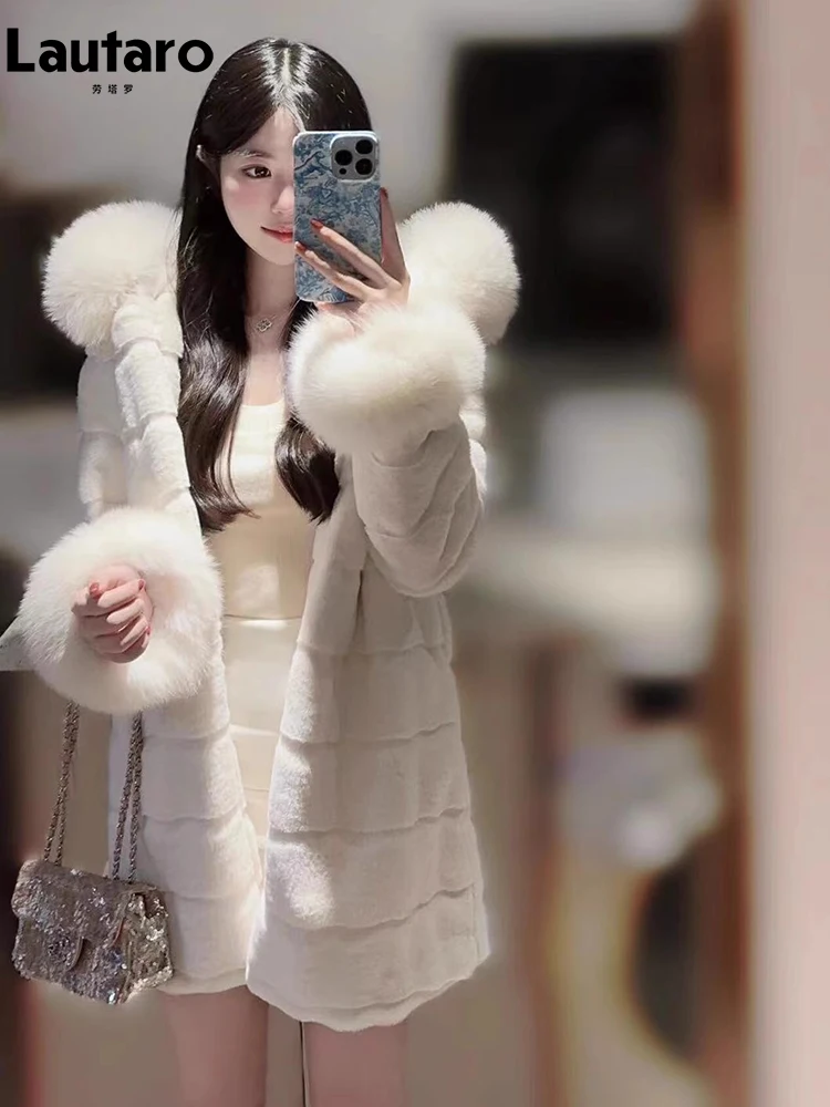 

Lautaro Autumn Winter White Thick Warm Soft Stripped Faux Fur Coat Women with Fur Trim Hood and Cuff Luxury Fluffy Jacket 2023