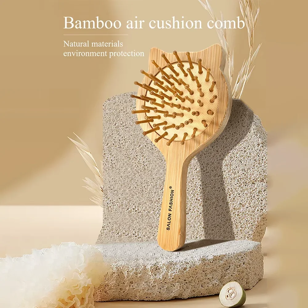Eco-Friendly Bamboo Hair Brush – Natural Wooden Anti-Static Scalp Massager with Air Cushion Design for Effortless Detangling