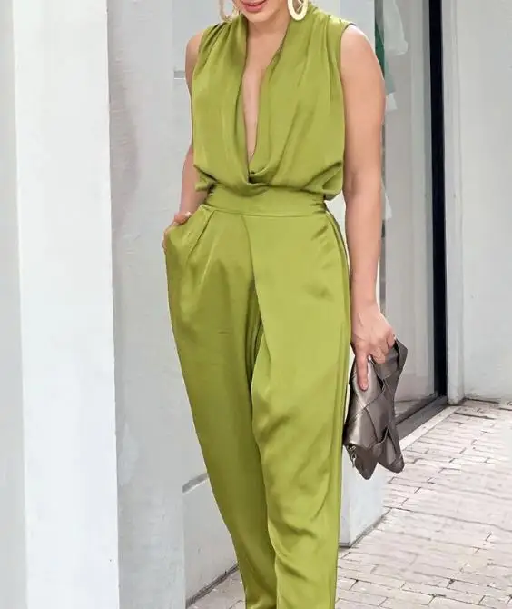 Jumpsuit Women 23 Summer New Fashion Casual Sexy Deep V-Neck Sleeveless High Waist Wide Leg Long Jumpsuits Temperament Commuting