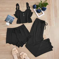 Ensemble de pyjamas 3 pièces pour femmes, vêtements de nuit, débardeur uni, shorts et pantalon, avec empiècements en dentelle, pour la maison et les loisirs 4