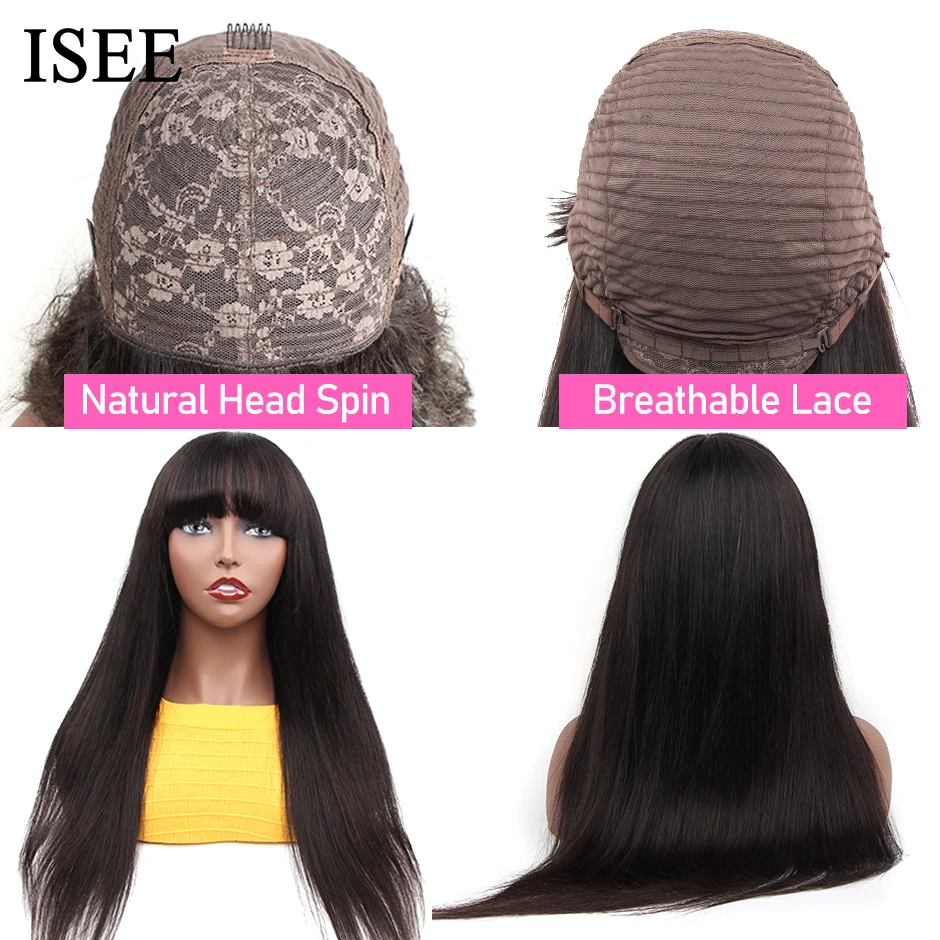 ISEEHAIR Machine Made Sew In Wig Human Hair Straight Wig Malaysian Straight With Bang Natural Color For Women Wigs No Glue