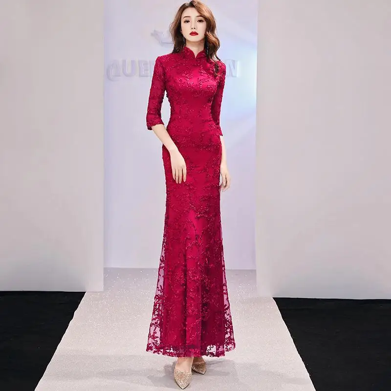 

Fashion Improved Cheongsam Fishtail Banquet Evening Dress Lace Long Slim Women Party Qipao Chinese Style Elegant Temperament