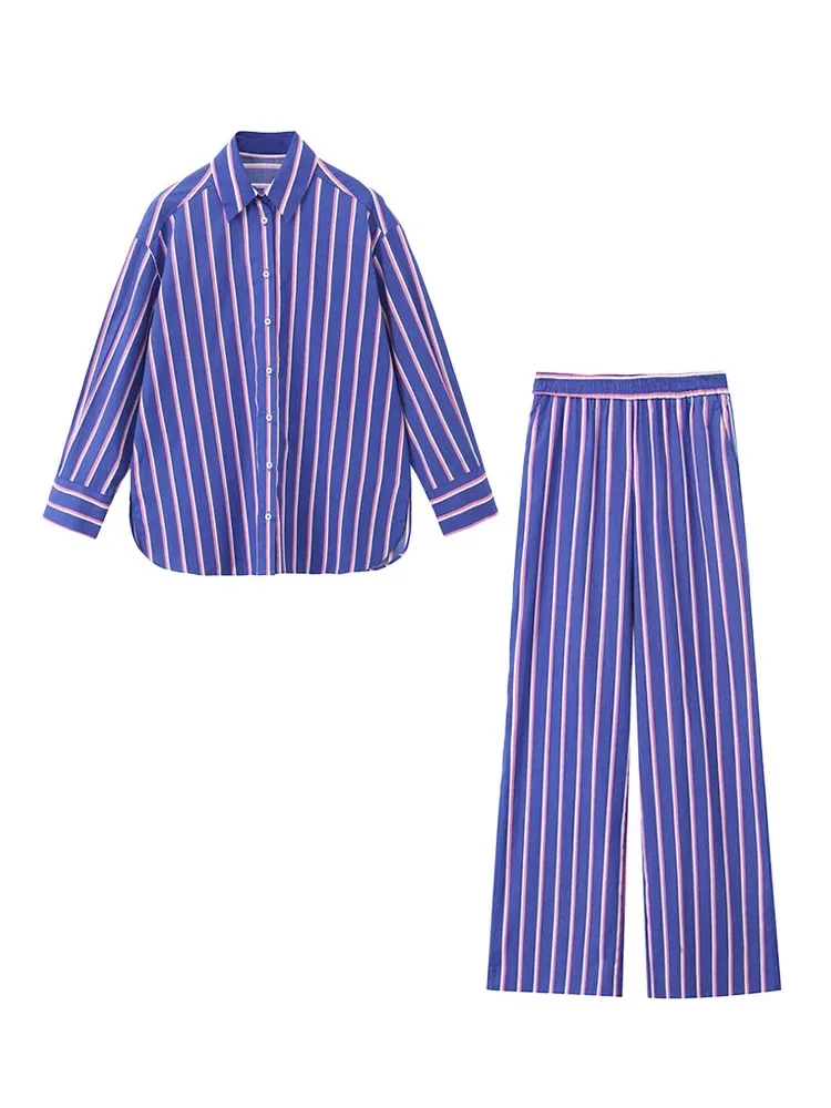 

Комплект из 2 предметов HH TRAF Женский, повседневная однобортная Свободная рубашка в полоску, с отложным воротником и длинными рукавами, брюки с завышенной талией и эластичным поясом, на лето