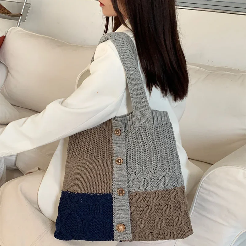 

Винтажная вязаная сумка, тканая сумка, простая и модная шерстяная сумка, Женская Ручная сумка для покупок