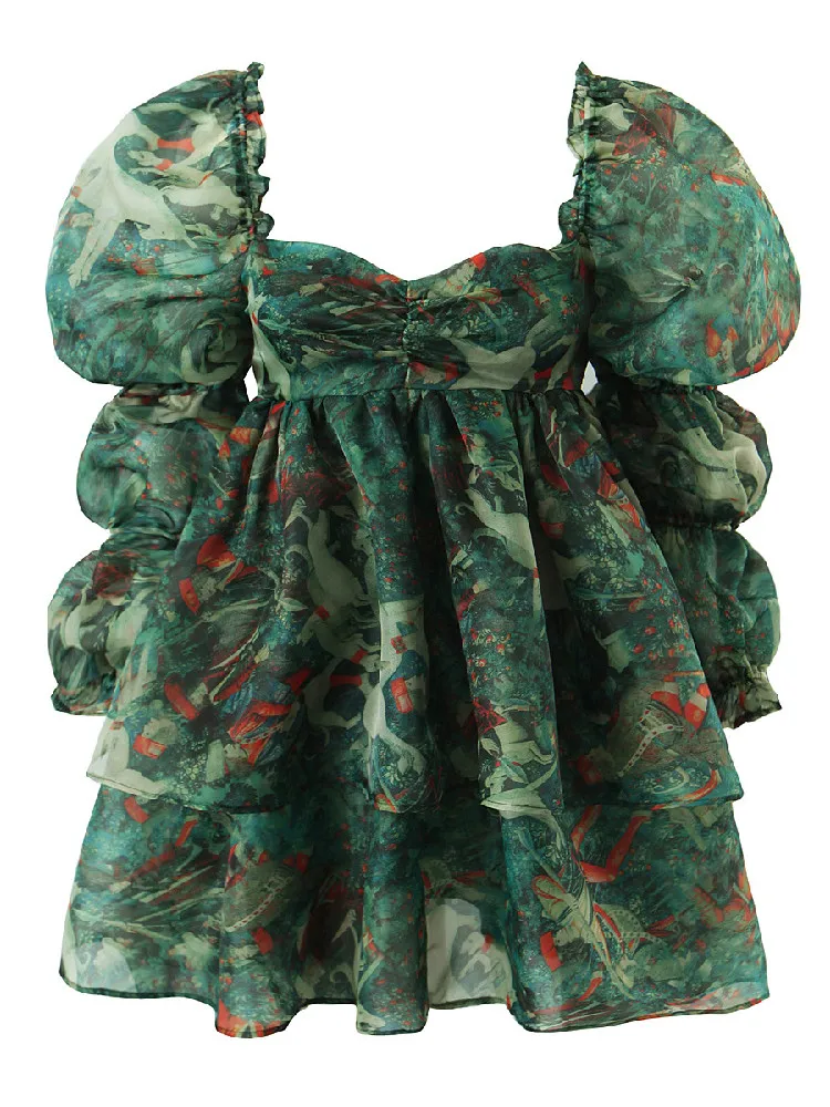 Princess Retro Green Flower Organza Ball Gown Dress Women Hollow Out Zipper  Back Elastic Puff Sleeve Swing Mini Robe Fairy - AliExpress 200000345