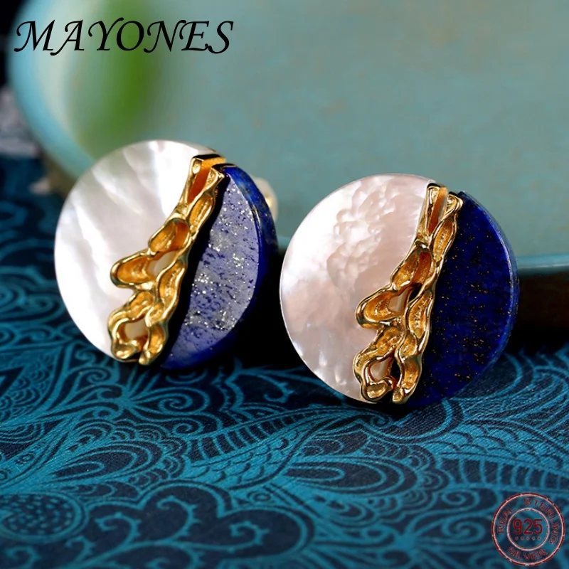 

New 925 Silver Gold-plated Charm Jewelry For Women's Round Shells Lapis Lazuli Earrings Luxurious Jewelry Free Shipping
