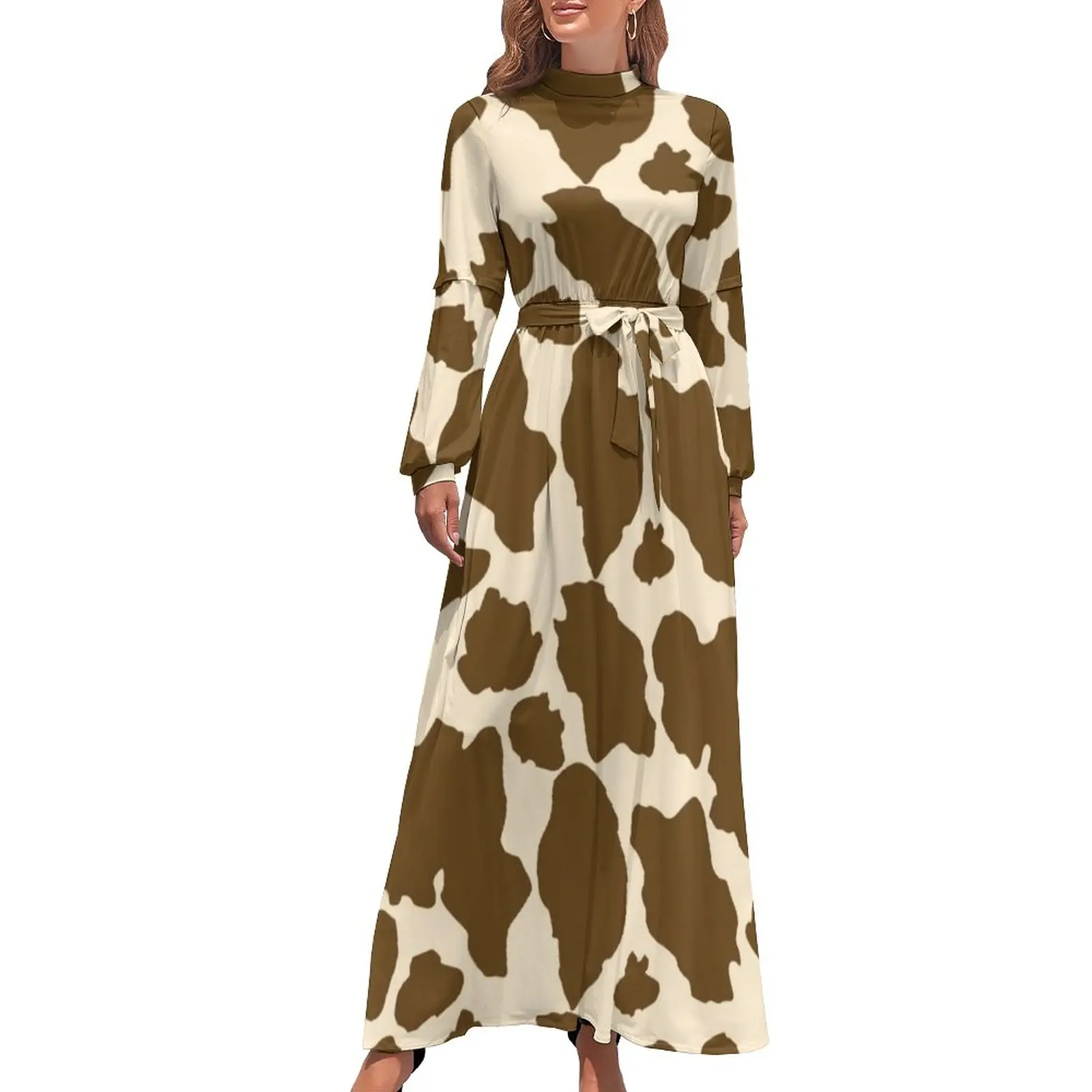 Brown Spots Cow Print Dress Long Sleeve 