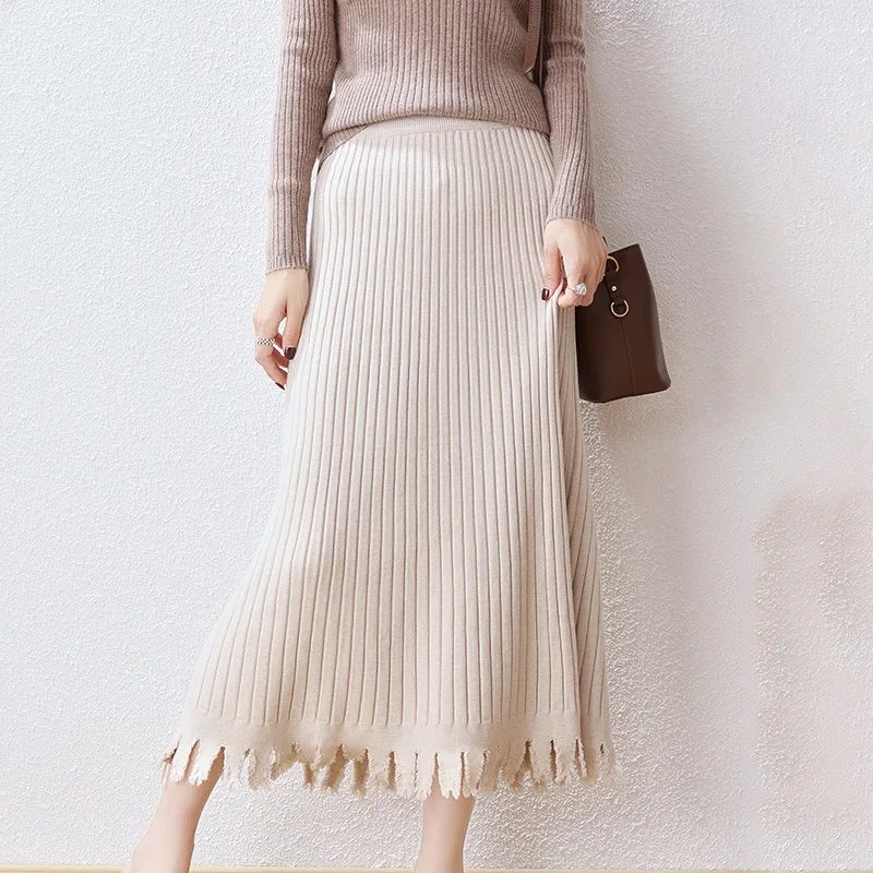 

Осенне-зимняя вязаная женская универсальная юбка А-силуэта средней длины с меховым краем