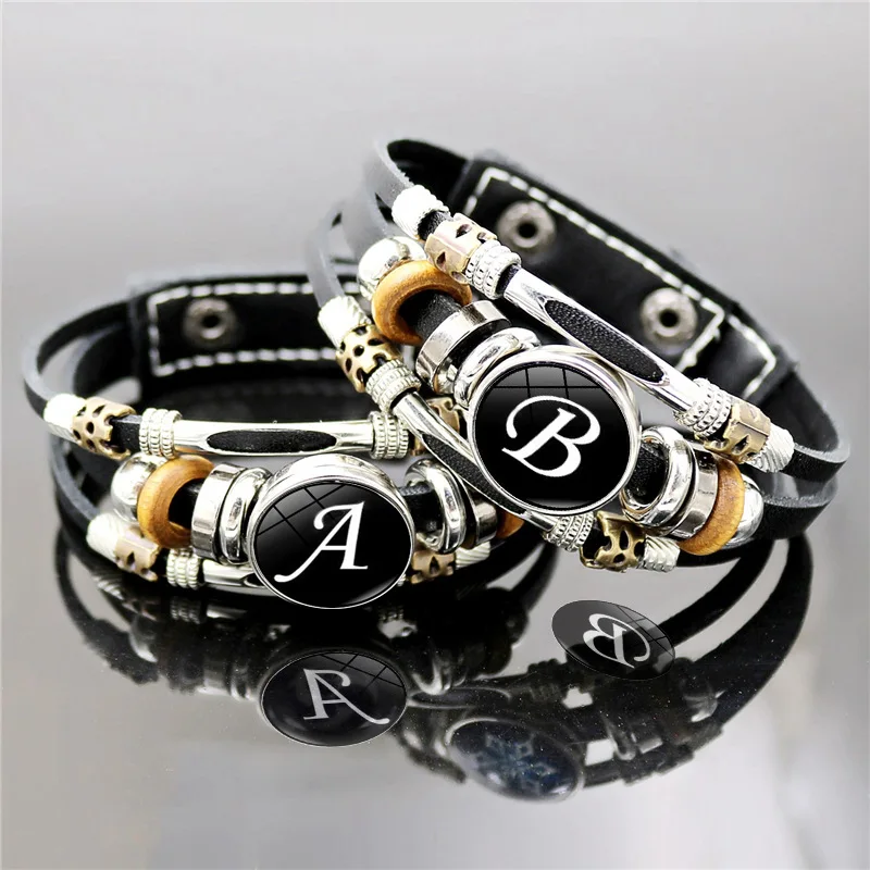 A-Z English Letters Leather Bracelet 26 Initial Letters Cabochon Glass  Black Color Snap Bracelet Women Men