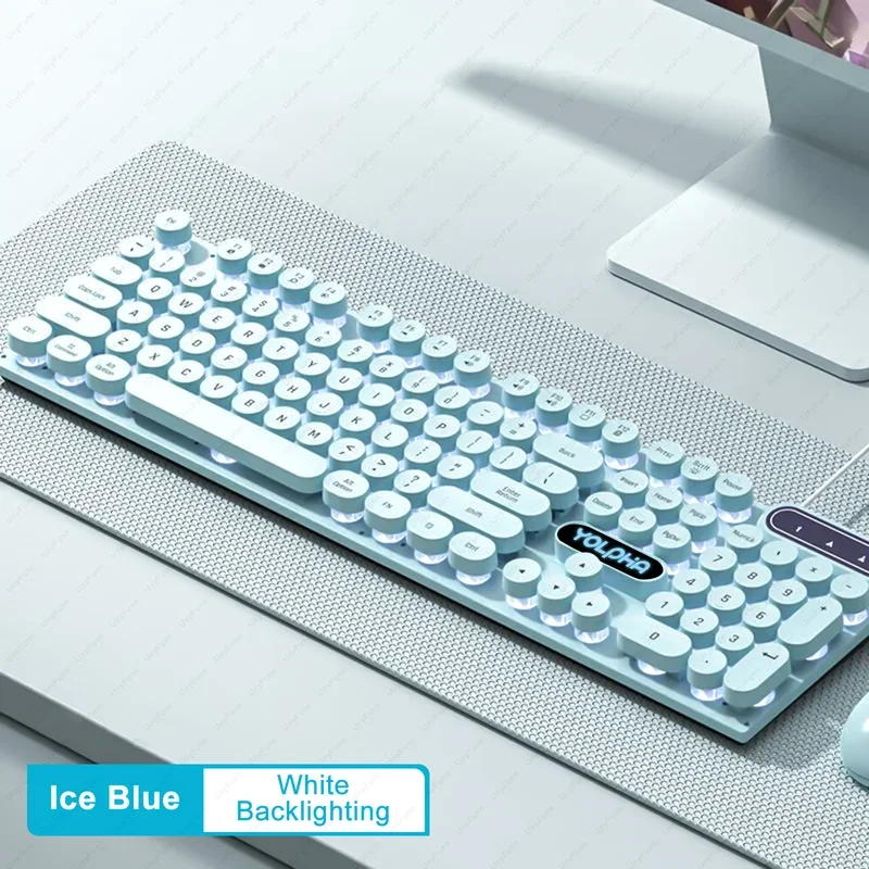 104keys Wired Keyboard QWERTY Layout Membrane Rainbow Backlight RGB Punk Retro Keyboard Gaming for Office PC Study