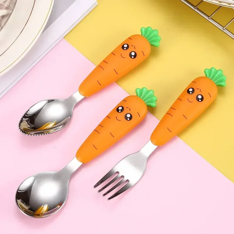 Stainless Steel Tableware Set Cartoon Carrot Spoon Fork for Kids