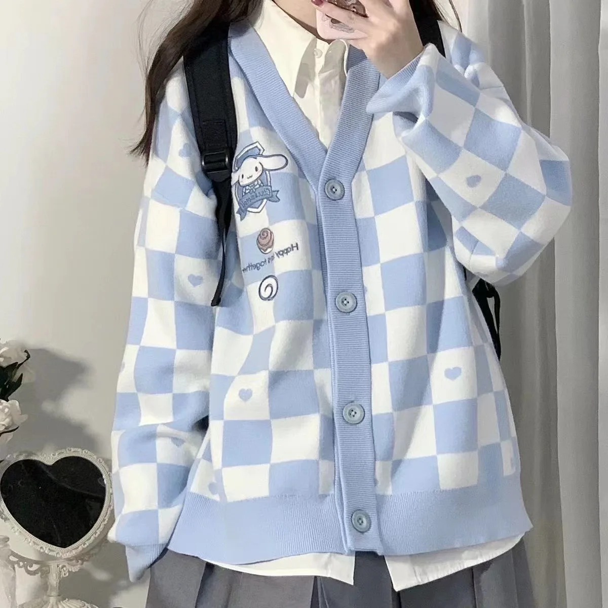 여성용 시나모롤 가디건 스웨터, 카와이 산리오 쿠로미 니트 칼라 스웨터, 빈티지 긴팔 싱글 브레스트 상의, Y2k
