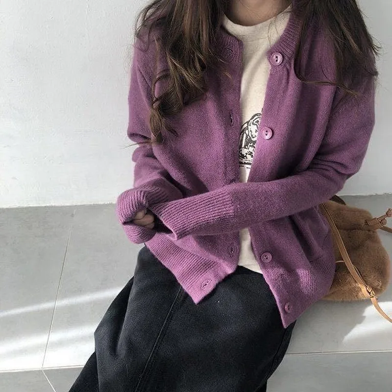 

2024 Autumn Winter Women Knit Sweater 5 Colors Knitted Cardigans Korean Elegant Soft Loose Sweaters Purple Casual Thick Coat