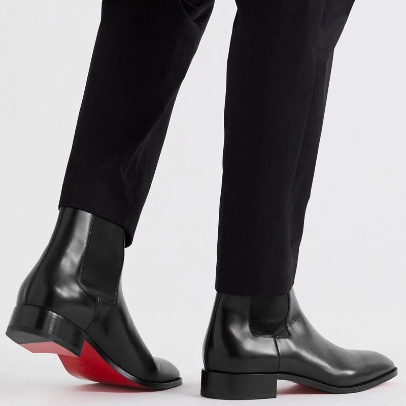 New Black Chelsea Boots for Men Red Sole Square Toe Slip-On Business Men Ankle Boots  Botas De Hombre
