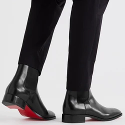 New Black Chelsea Boots for Men Red Sole Square Toe Slip-On Business Men Ankle Boots Botas De Hombre
