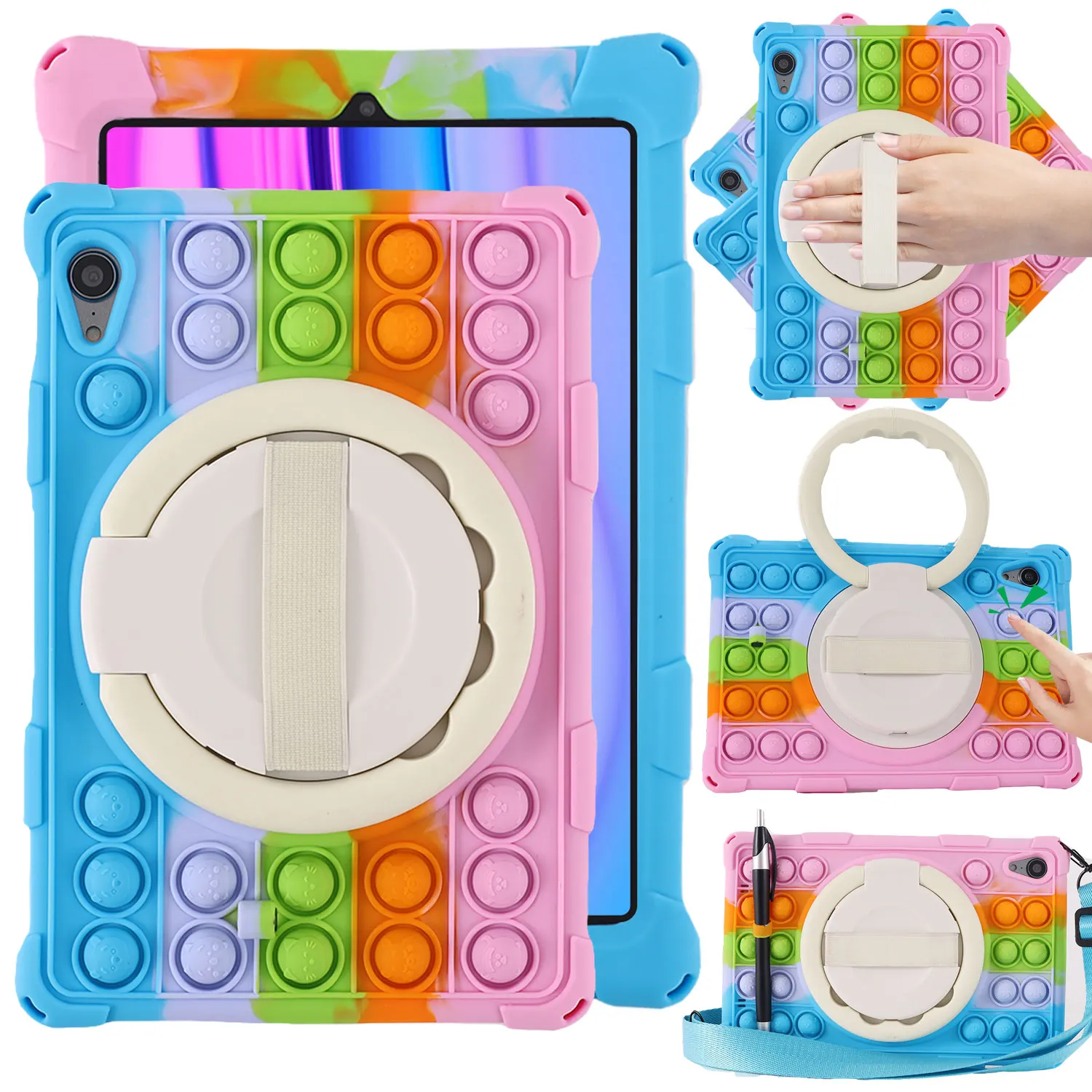 Shockproof Silicone Cartoon Bubble Kids Tablet Case with Shoulder Strap & Stylus Holder