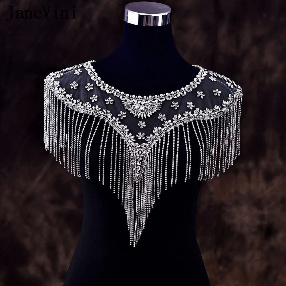 JaneVini Luxury Wedding Bridal Cape with Rhinestone Tassel Chain Dress Jacket Bolero Hochzeit Top Evening Party Bride Shawl Wrap